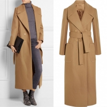 Elegant Solid Color Notch Lapel Long Sleeve Doubel Breasted Worest Jacket with Belt