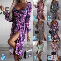 Fresh Style Floral Printed V-neck Long Sleeve Slit Dress