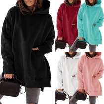 Casual Solid Color Long Sleeve Slit Hooded Sweatshirt