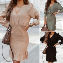 Elegant V-neck Long Sleeve Smocked Skirt Ruffled Hemline Mini Dress