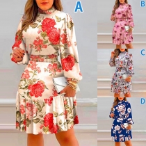 Fashion Floral Printed Mock Neck Long Sleeve Cinch Waist Mini Dress