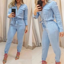 Street Fashion Half Zipper Long Sleeve Drawstring Waist Jumpsuit