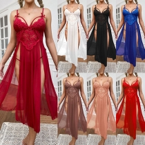 Sexy Lace Spliced Gauze Spliced V-neck Slit Nightwear Dress