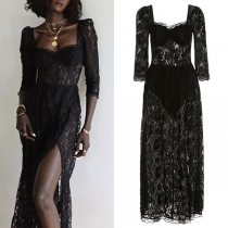 Fashion Square Neck Elbow Sleeve Slit Semi-through Lace Dress