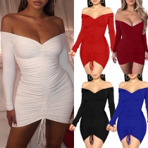 Fashion Solid Color Drawstring V-neck Long Sleeve Ribbed Bodycon Dress