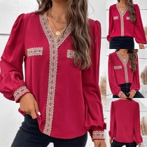 Fashion Lace Spliced V-neck Long Sleeve Shirt