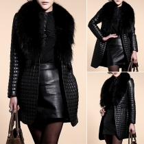 Fashion Artificial Fur Spliced Collar Long Sleeve Diamond Pattern Artificial Leather PU Jacket