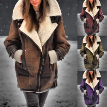 Street Fashion Plush Lined Artificial Leather PU Notch Lapel Long Sleeve Coat