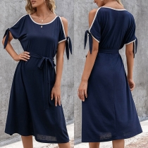 Fashion Contrast Color Round Neck Open-shoulder Self-tie Midi Dress