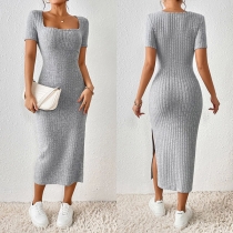 Elegant Solid Color Square Neck Short Sleeve Slit Bodycon Ribbed Dress