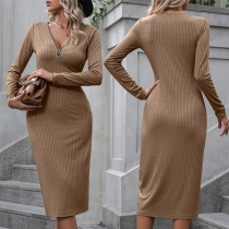 Sexy Solid Color Half-zipper Long Sleeve Ribbed Midi Dress