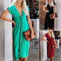 Street Fashion Solid Color Kink-knot V-neck Cap Sleeve Midi Dress