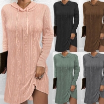 Fashion Solid Color Drawstring Hooded Long Sleeve Ribbed Dress