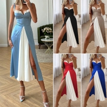 Sexy Contrast Color V-neck Slit Dress