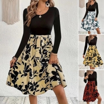 Fashion Floral Printed Round Neck Long Sleeve Mini Dress