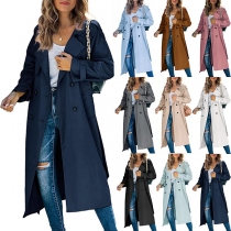 Fashion Solid Color Notch Lapel Double Breasted Longline Windbreaker Jacket
