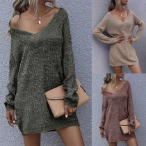 Casual V-neck Long Sleeve Sweater Dress