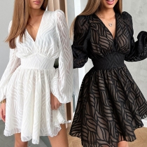Elegant Semi-through Gauze Spliced V-neck Cinch Waist Mini Dress