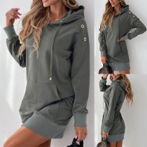 Casual Solid Color Hold Long Sleeve Kangaroo Pocket Drawstring Hooded Sweatshirt Dress