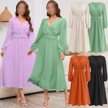 Fashion Solid Color Swiss-dot V-neck Long Sleeve Midi Dress with Belt