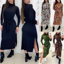 Fashion Mock Neck Long Sleeve Slit Self-tie Midi Dress