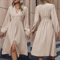 Elegant Solid Color V-neck Long Sleeve Cinch Waist Buttoned Slit Dress