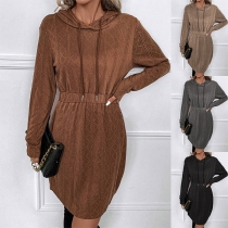 Vintage Diamond Pattern Long Sleeve Drawstring Hooded Cinch Waist Mini Dress