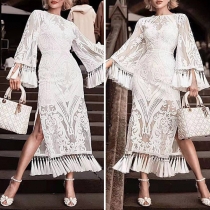Fashion Round Neck Tassle Hemline Slit Lace Party Dress