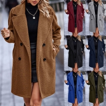 Street Fashion Solid Color Notch Lapel Long Sleeve Double Breasted Plush Jacket