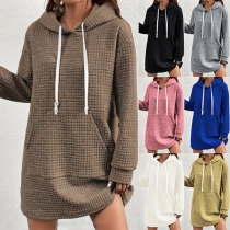 Casual Hooded Sweatshirt Dress with Kangaroo Pockets, Drawstring, and Diamond Pattern