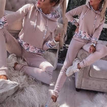 Street Fashion Floral Printed Spliced Two-piece Set Consist of Hooded Sweatshirt and Sweatpants