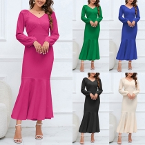 Elegant Solid Color V-neck High-rise Long Sleeve Fishtail Midi Dress