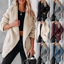 Fashion Solid Color Lapel Long Sleeve Plush Cardigan