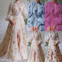 Elegant Starfish Pattern Mock Neck Lantern Sleeve Front Cutout Cinch Waist Slit Chiffon Party Dress