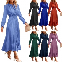 Elegant Solid Color Swiss-dot Round Neck Long Sleeve Cinch Waist Midi Dress