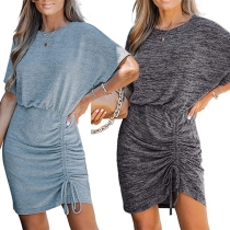 Street Fashion Solid Color Round Neck Short Sleeve Drawstring Mini Dress