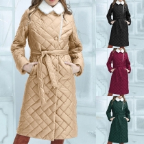 Fashion Quilted Stand Collar Long Sleeve Self-tie Plush Lined Jacket for Women