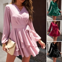 Fashion Solid Color V-neck Self-tie Ruffled Wrap Mini Dress