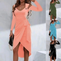 Sexy Solid Color Open Shoulder Long Sleeve Self-tie Irregular Hemline Party Dress
