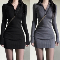 Mode Enfärgad Halvdragkedja Stativkrage Långärmad Ribbad Bodycon Klänning