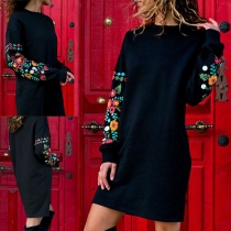 Fashion Floral Printed Round Neck Long Sleeve Sweater Dress