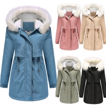 Fashion Warm Solid Color Long Sleeve Drawstring Waist Plush Lined Artificial Fur Spliced Hooded Jacket