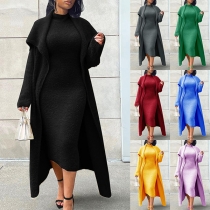 Sexig enfärgad stickad tvådelad set med kofta och mock-neck Bodycon-klänning