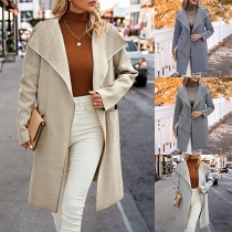 Street Fashion Solid Color Big Lapel Long Sleeve Ribbed Cardigan