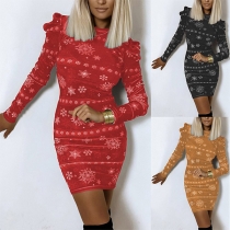 Fashion Snowflake Printed Round Neck Long Sleeve Christmas Dress