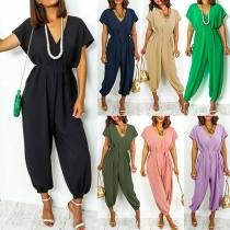 Stylish Solid Color V-neck Cap Sleeve Drawstring Waist Jumpsuit