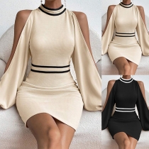 Elegant Kontrastfärg Stripe Mock Neck Slit Långärmad Bodycon Klänning (Storlekarna är små)