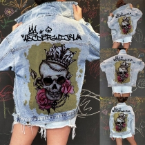 Street Fashion, Långärmad Jeansjacka med Gammaltvättade Skalltryck på Ståkrage