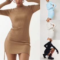 Enfärgad Mode Turtleneck Långärmad Ribbad Bodycon Klänning med Sida Dragsko