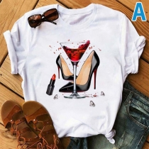Fashion Printed Round Neck Short Sleeve White Shirt for Women